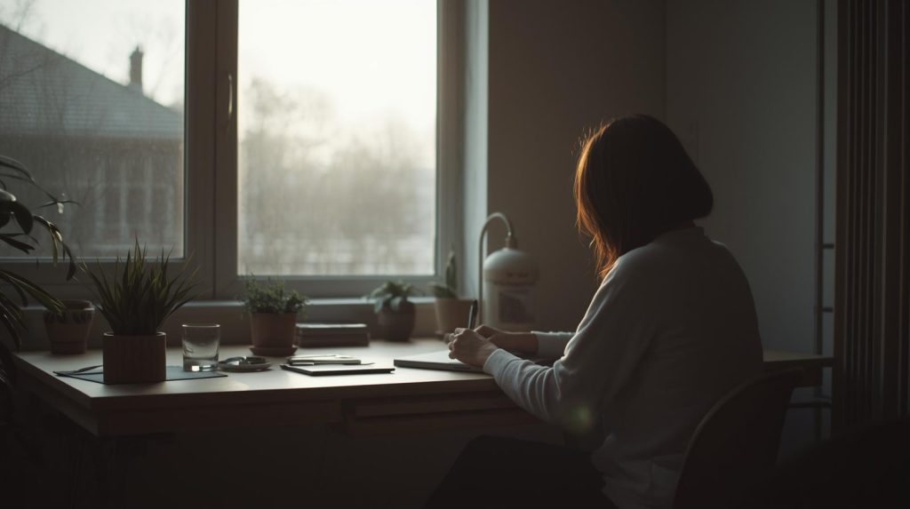 Potret seorang wanita yang sedang bekerja di depan sebuah jendela di penghujung bulan Januari. (Pict: AI-Rich)