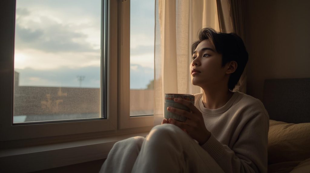 Ilustrasi sorang pria yang sedang memikirkan refleksi kesehatan mental dirinya di sore hari. (Pict: AI-Rich)