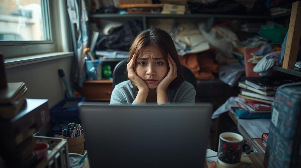 Ilustrasi seorang mahasiswa wanita yang menghadapi tantangan pembelajaran digital. (Pict: AI-Rich)