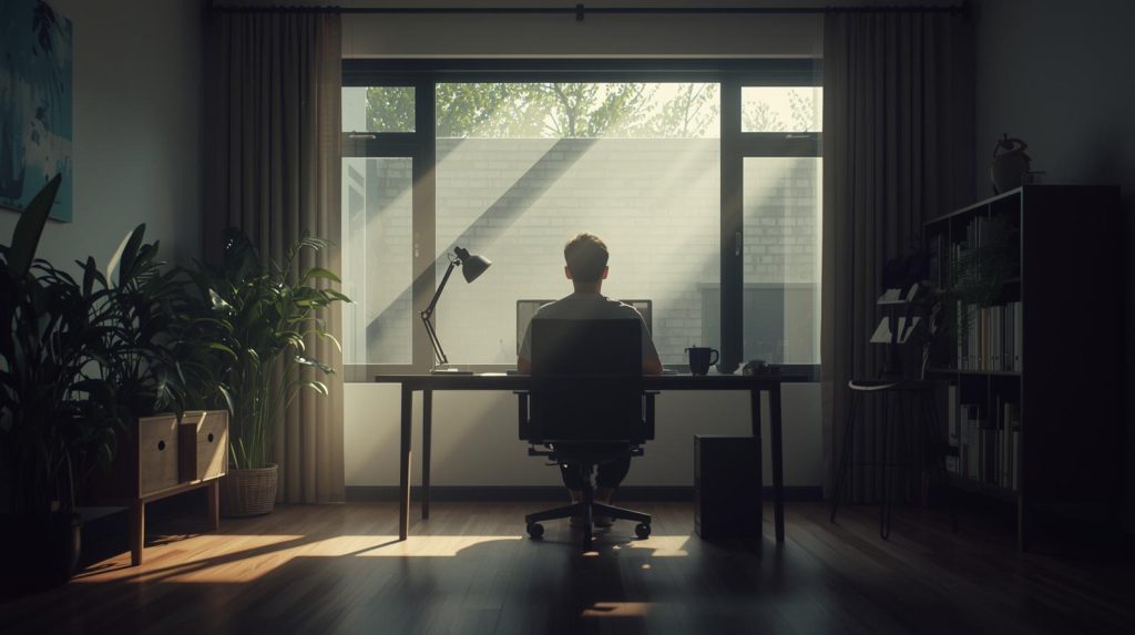 Potret seorang pekerja yang sedang bekerja saat sepinya Bulan Februari. (Pict: AI-Rich)