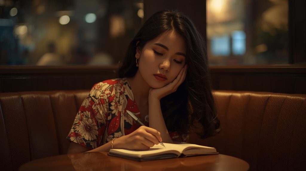 Potret seorang jurnalis wanita yang sedang mengevaluasi dirinya di sebuah cafe. (Pict: AI-Rich)