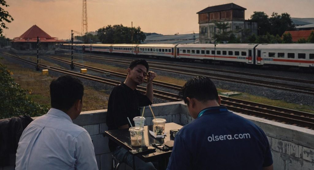 Kopi Teman Lama Mojokerto Sajikan View Kereta Pengunjung menikmati suasana santai di rooftop Kopi Teman Lama sambil menyaksikan kereta api melintas saat senja. (Foto: Dian Wahyu)