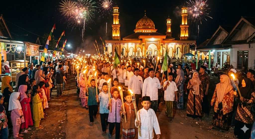 Ilustrasi pawai obor dalam rangka menyemarakkan malam takbiran Idul Fitri. (Rahma)