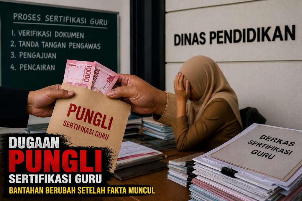 Ilustrasi pungutan liar dalam proses administrasi sertifikasi guru di Kota Padang yang kini menjadi sorotan setelah muncul pengakuan dari sejumlah guru : ( Foto ilustrasi rekayasa tekhnologi AI : Dioni Arvona)