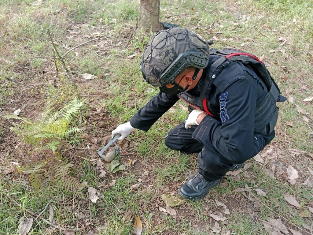 Petugas Gegana Brimob Polda memeriksa temuan granat di Perkebunan Kendenglembu, Kecamatan Glenmore, Banyuwangi. (Dok. Polresta Banyuwangi)