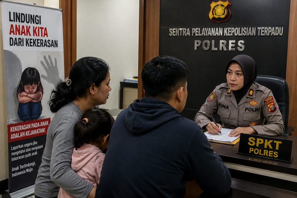 Ilustrasi AI orang tua melaporkan dugaan kasus kekerasan terhadap anak ke pihak kepolisian. (Dioni/Gonews.id)