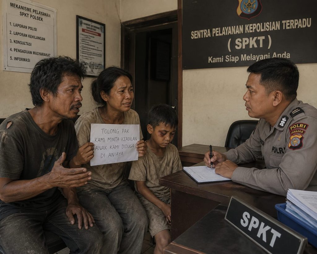 Keterangan Foto (Ilustrasi AI): Keluarga kurang mampu meminta keadilan di kantor polisi atas dugaan penganiayaan terhadap anak mereka. (Dioni/Ilustrasi Ai)