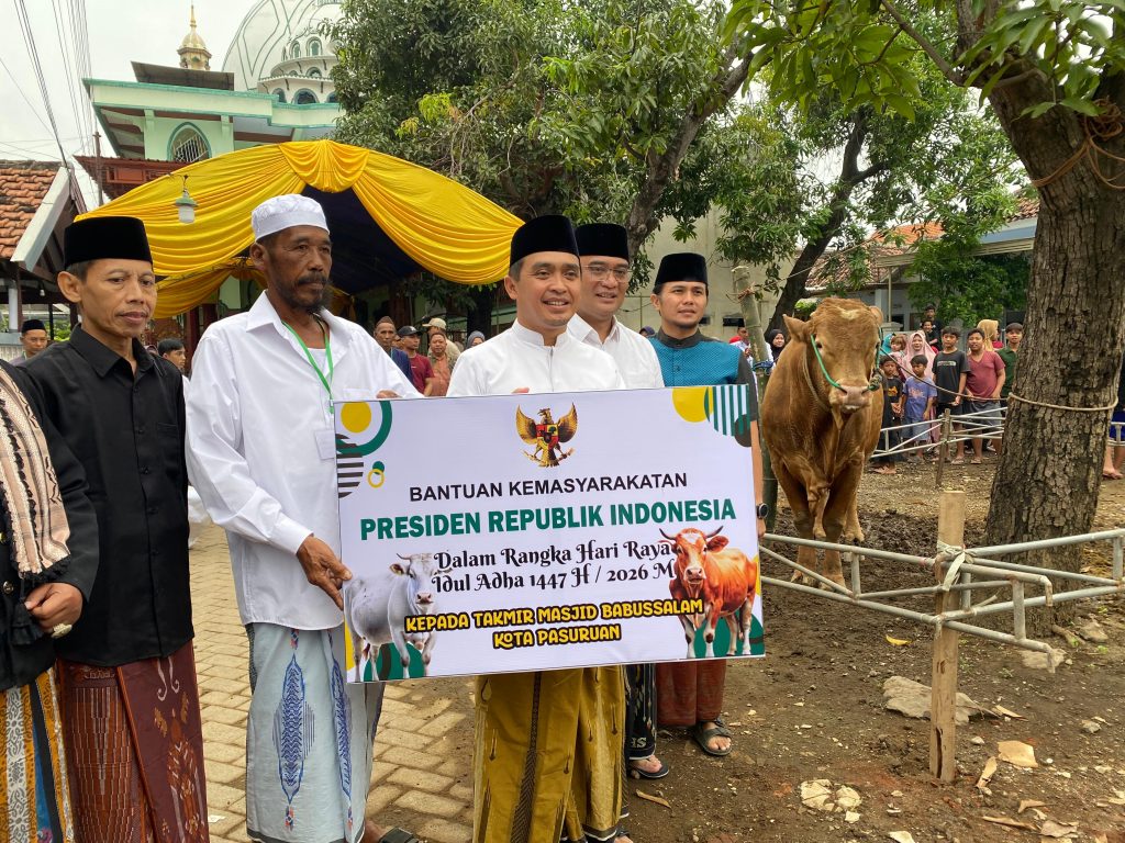 Masjid Babussalam Terima Sapi Kurban Presiden walikota Pasuruan adi wibowo dan juga kabag kesra serta lurah belandongan dan camat Bugul saat melihat Sapi Presiden yang akan di sembelih.