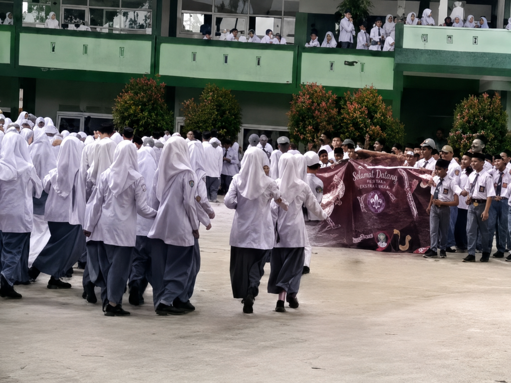 Siswa SMAN Solok Selatan bentangkan spanduk “Stop Penyimpangan” saat aksi protes dugaan pelecehan oknum guru. Senin (27/7/2026). (Foto : Dioni/Gonews.id)