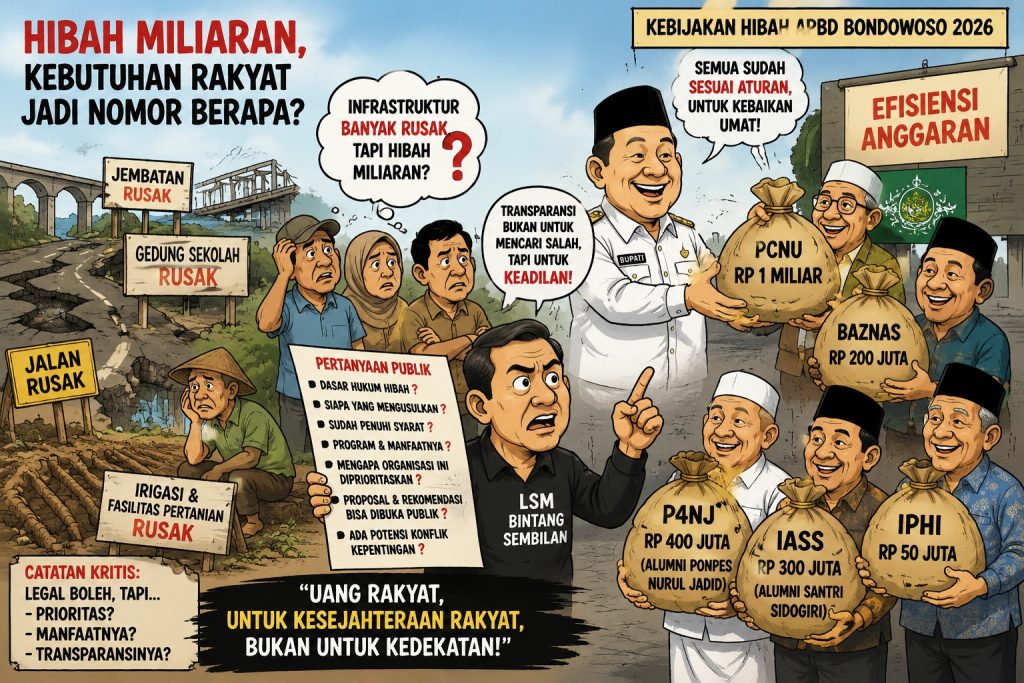 LSM Nalar Sembilan Kritik Hibah APBD Bondowoso, Soroti Prioritas dan Transparansi Anggaran Daerah Publik Buat judul LSM Nalar Sembilan Kritik Hibah Ormas, Desak Bupati Bondowoso Buka Dasar Penganggaran Secara Transparan