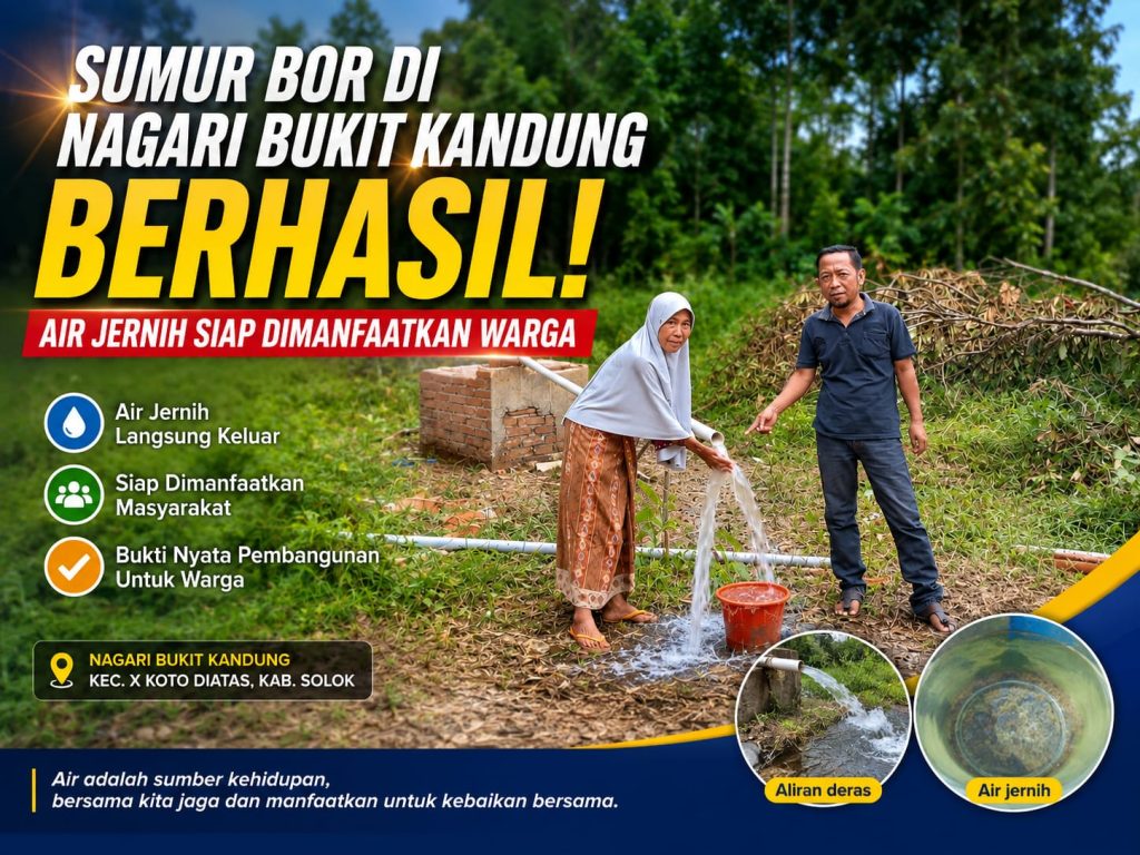 Sumur Bor Mengalir, Petani Bukit Kandung Bawa Harapan Keterangan foto: Warga Nagari Bukit Kandung tampak senang melihat air jernih mengalir deras dari sumur bor yang berhasil dibuat. Minggu (16/8/2026) (Fhoto: Dioni/Gonews.id)