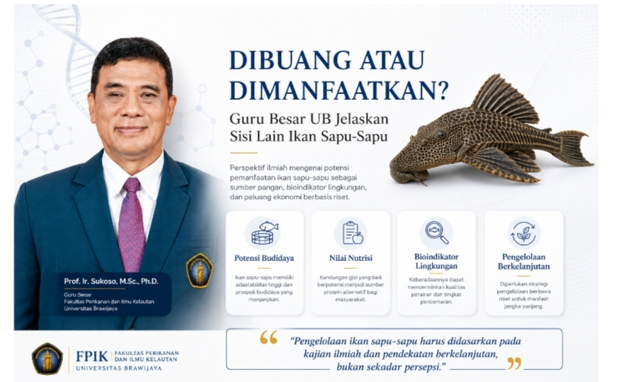 Dibuang atau Dimanfaatkan? Guru Besar UB Jelaskan Sisi Lain Ikan Sapu-Sapu yang Mengejutkan Guru Besar Fakultas Perikanan dan Ilmu Kelautan Universitas Brawijaya, Prof. Ir. Sukoso, M.Sc., Ph.D.,