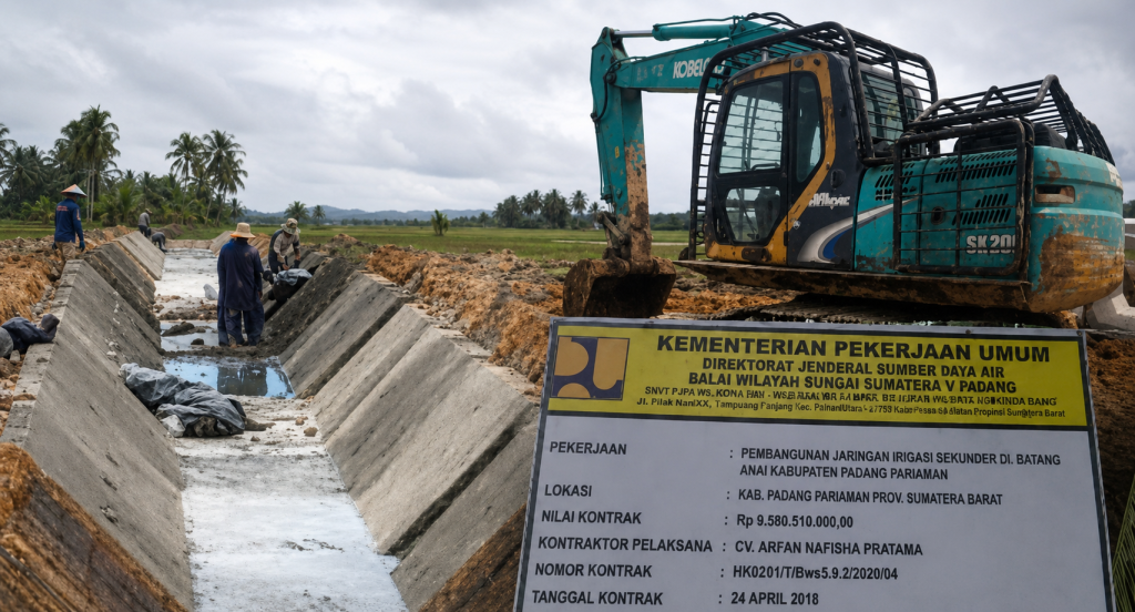 Proyek Irigasi Batang Anai Lampaui Target 16,414 Persen Proyek Pembangunan Jaringan Irigasi Sekunder D.I. Batang Anai, Kabupaten Padang Pariaman, terus dikebut dengan progres 45,489 persen atau 16,414 persen di atas target, Minggu (23/8/2026) (Dion/GOnews.id)
