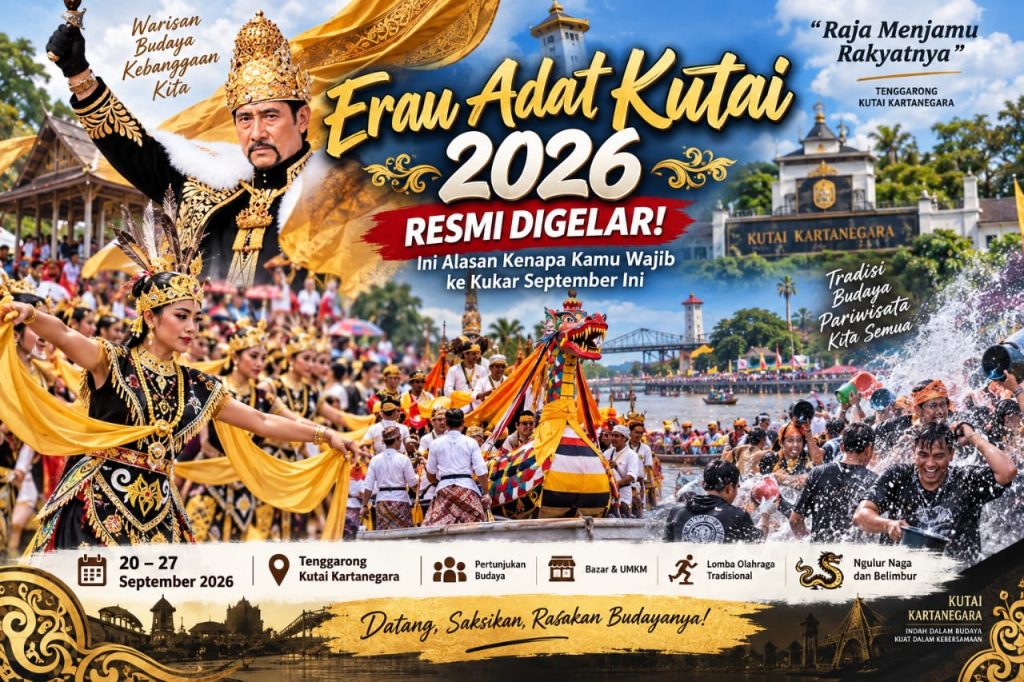 Erau Adat Kutai 2026 Resmi Digelar! Ini Alasan Kenapa Kamu Wajib ke Kukar September Ini Ilustrasi kemeriahan Erau Adat Kutai 2026 yang menampilkan kekayaan tradisi dan budaya Kutai, mulai dari tarian adat hingga prosesi Ngulur Naga dan Belimbur. Festival budaya tersebut digelar di Tenggarong, Kutai Kartanegara, pada 20–27 September 2026.