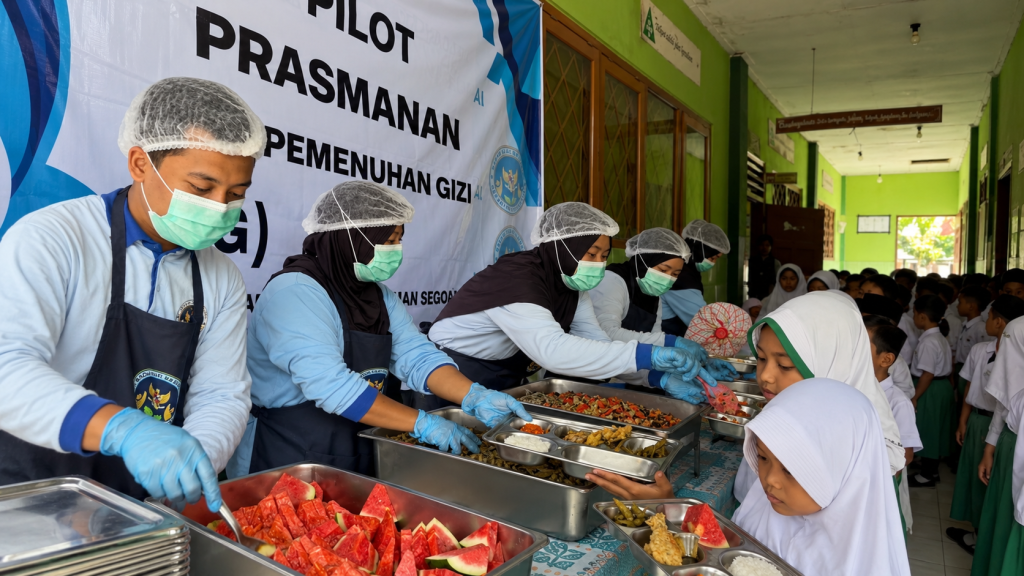 Petugas SPPG Garuda Trowulan melayani siswa dalam pelaksanaan Program Makan Bergizi Gratis (MBG) dengan konsep prasmanan di MI Brawijaya 1, Trowulan, Mojokerto. Sistem prasmanan ini menjadi pilot project penyajian makanan bergizi bagi peserta didik.