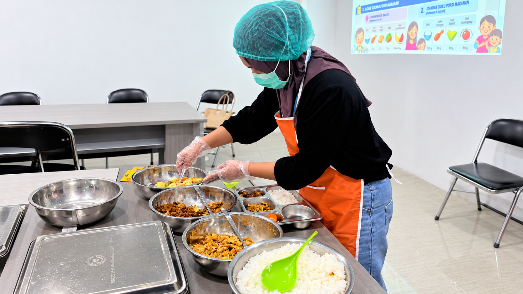 Peserta pelatihan Satuan Pelayanan Pemenuhan Gizi (SPPG) mempraktikkan penyajian makanan sesuai standar porsi dan Angka Kecukupan Gizi (AKG) dalam kegiatan Program Dosen Berkarya (Dokar) 2026 Universitas Brawijaya bersama Yayasan Edufarmers International di Malang